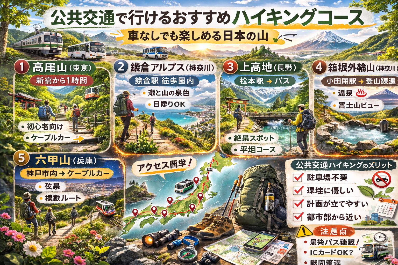 公共交通で行けるおすすめハイキングコース:車なしでも楽しめる日本の山