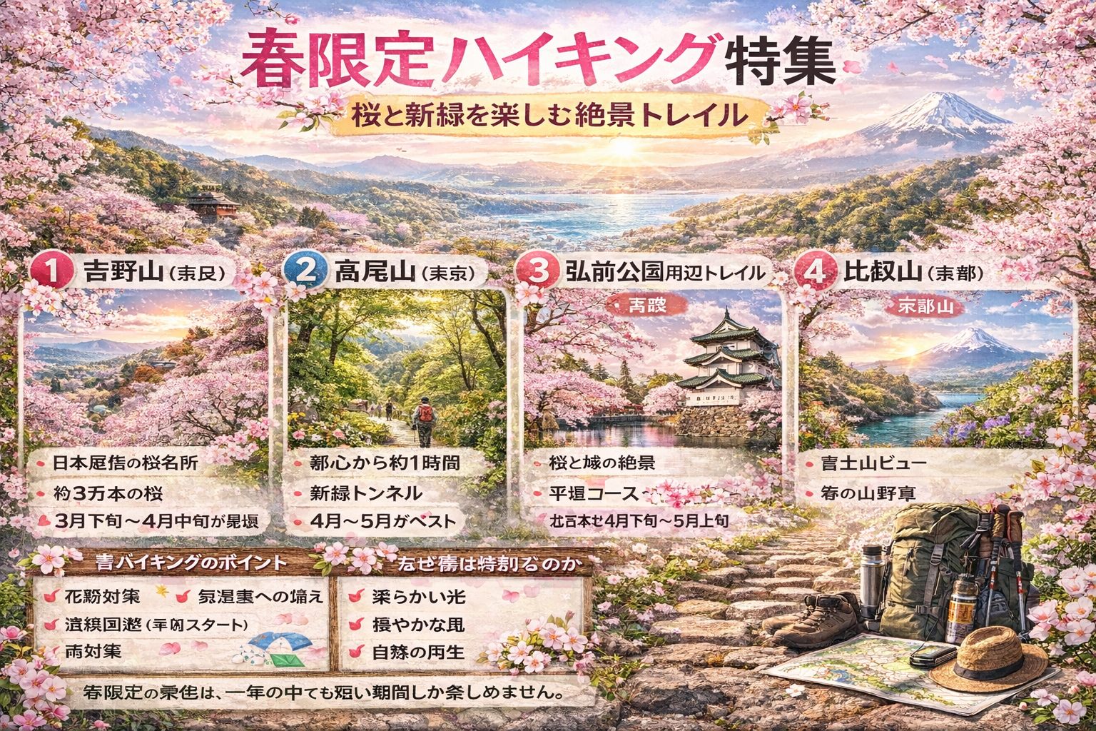 春限定ハイキング特集:桜と新緑を楽しむ絶景トレイル